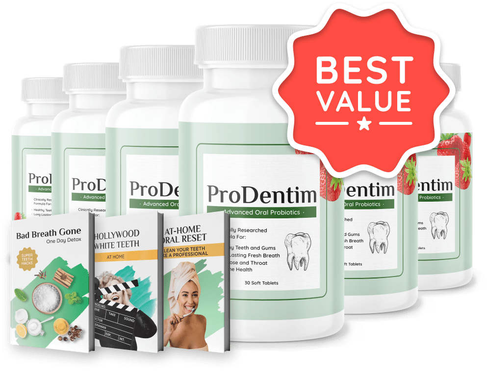 Prodentim Advanced Oral Probiotics Bundle Pack Prodentim Advanced Oral Probiotics bundle pack with 6 bottles and bonus guides, featuring Best Value badge